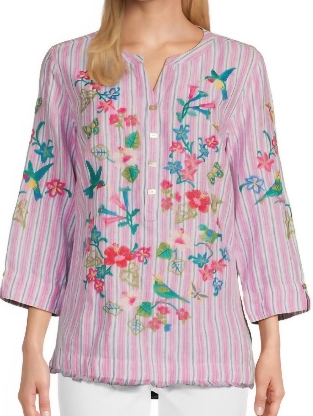 Embroidery John Mark Pink Striped Tunic with Multicolor Floral & Bird. - Picture 4 of 12